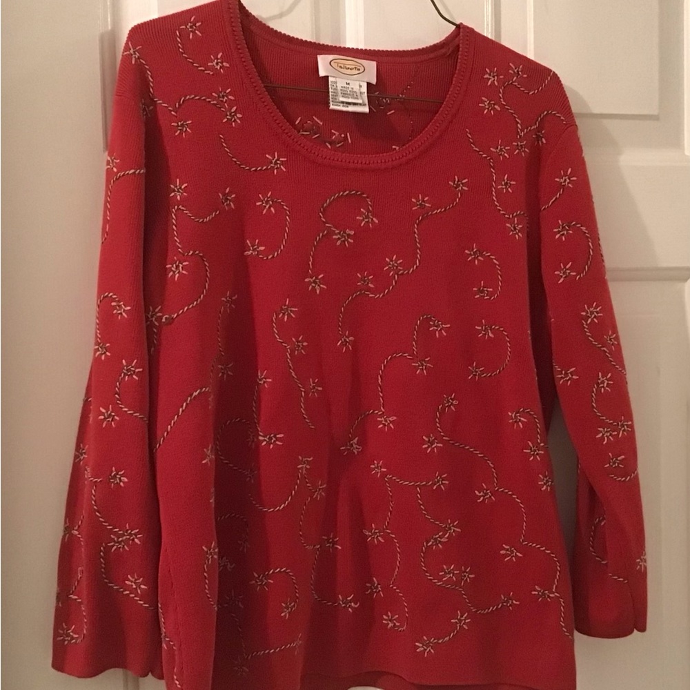Talbots Red Knit Sweater with an Embroidered Floral Pattern Size M